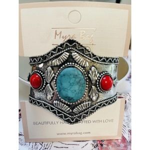 TIMELESS BEAUTY Silver Wrist Cuff Bracelet Faux Turquoise Coral- Myra 7591 NEW
